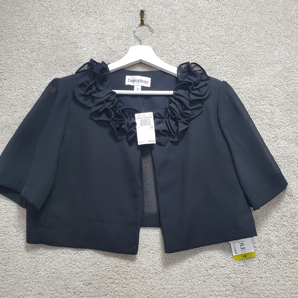 Danny & Nicole Bolero Jacket Womens 12 Black Ruffle Neck 3/4 Sleeve Open Front